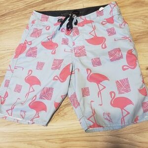Vintage Y2k Volcom Board Shorts Surf Swim Light Blue Pink Flamingos 34